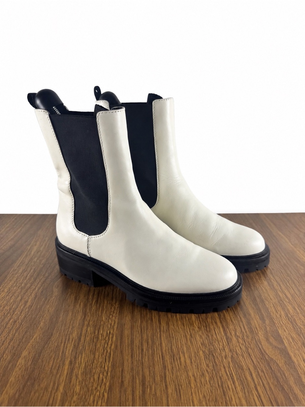 PAIGE Size 7 Cream Leather Chelsea Lug Sole Boots Ivory Black